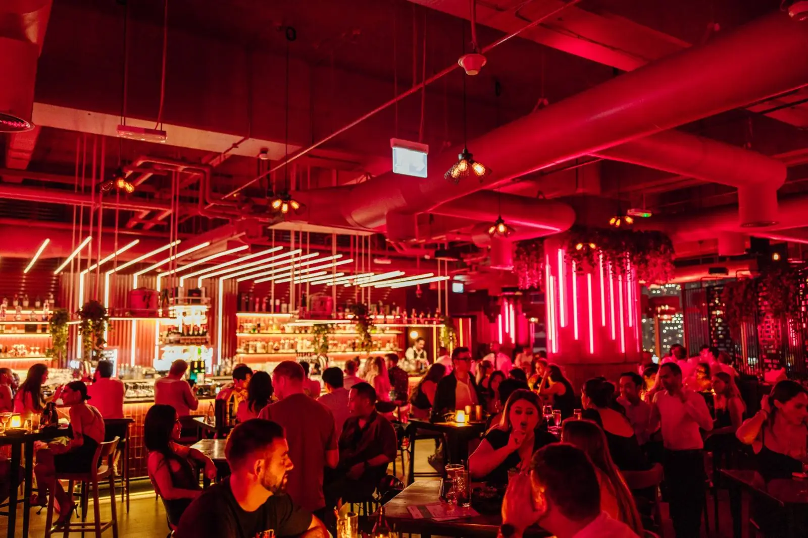 The dining room and bar in red light